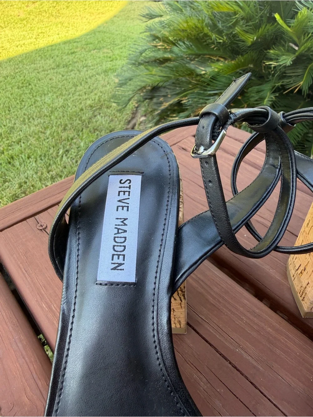 Steve Madden Warped Black Leather Cork Platform Sandals 8.5M $125 Retail